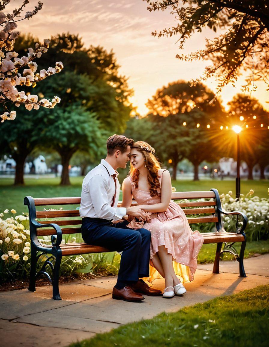 A romantic vintage-style scene featuring a couple on a charming park bench, surrounded by blooming flowers and softly glowing fairy lights. The couple is engaged in a warm conversation, with an old-fashioned radio beside them playing classic love songs. In the background, a sunset casts a golden hue over the scenery, symbolizing modern love with a nostalgic twist. vintage illustration. warm colors. soft focus.