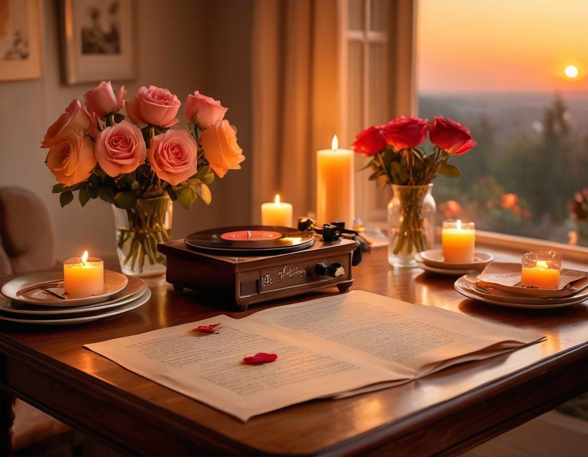 A beautifully set vintage dining table for two, adorned with soft candlelight, blooming roses, and an open love letter. In the background, a tranquil sunset casts a warm glow, creating an intimate atmosphere. A couple is seen sharing a laughter, showcasing gestures of affection and connection. Elements of classic romance like a vinyl record player and subtle heart motifs enhance the scene. soft focus. romantic painting. warm colors.