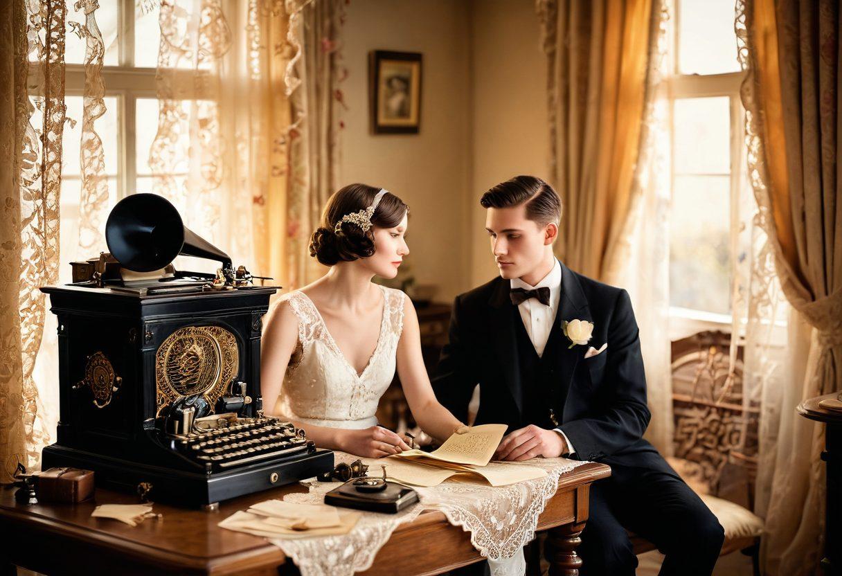 A romantic vintage scene featuring a couple dressed in elegant 1920s attire, surrounded by antique items like a gramophone, lace curtains, and a typewriter. The setting is bathed in soft golden light, evoking a sense of nostalgia and timeless romance. Add delicate floral accents and vintage love letters scattered around. The overall mood should feel warm, inviting, and charming. super-realistic. warm colors. vintage style.